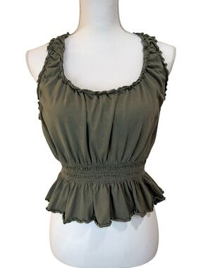 American Eagle Outfitters Olive Green Smocked Cotton Peplum Tank Sz Large
